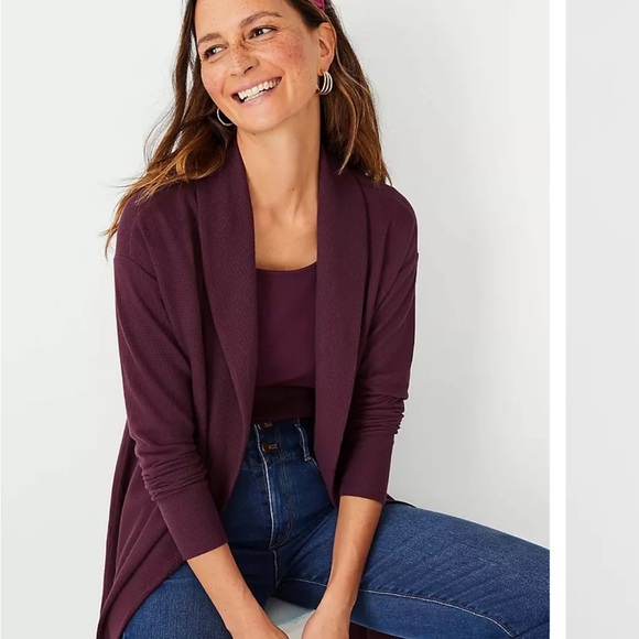 Ann Taylor burgundy Waffle Cardigan Sweater Lightweight Open Front - Picture 1 of 10